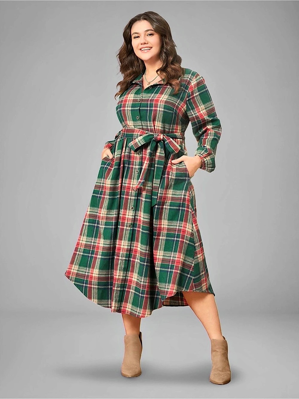 Bloomchic Plaid Button Detail Pocket Belted Arc Hem Midi Dress Belted Midi Dress